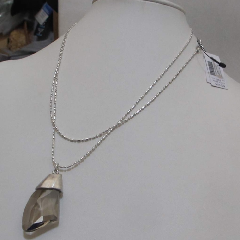 CHICO’S 36” Silver Tone Chain Smoky Grey CRYSTAL Pendant Necklace